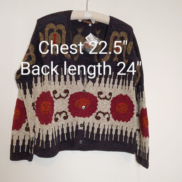 NOS VTG Peruvian Connection Poppies Art-Wear Pima Cotton Cardigan Sweater Sz Lg - Picture 7 of 10